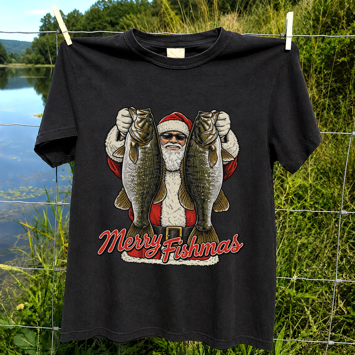 Santa Holding Bass Christmas Fishing Graphic T-Shirt
