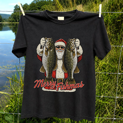 Santa Holding Bass Christmas Fishing Graphic T-Shirt