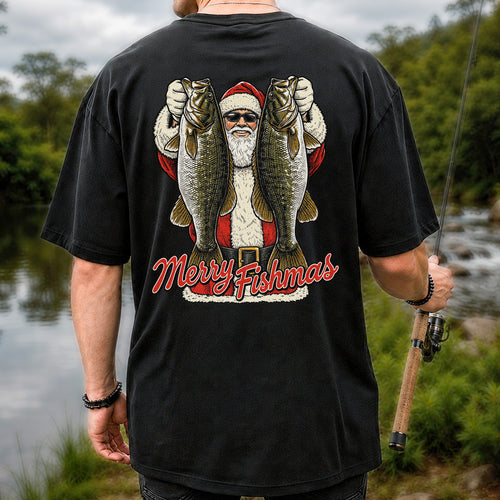 Santa Holding Bass Christmas Fishing Graphic T-Shirt | Back Print