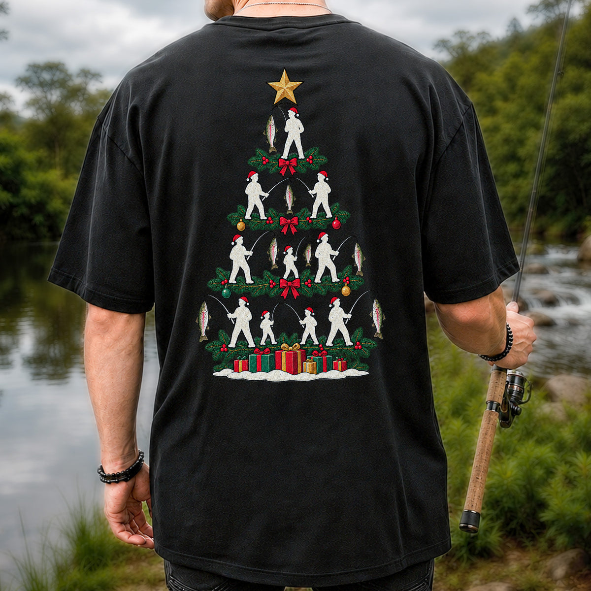 Christmas Tree with Anglers and Rainbow Trout Fishing Graphic T-Shirt | Back Print