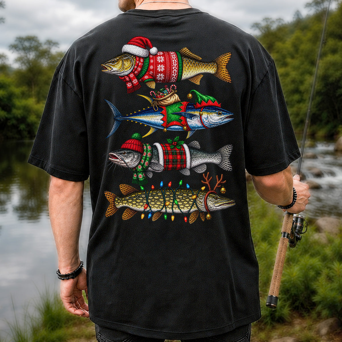 Christmas Fish in Festive Sweaters Fishing Graphic T-Shirt | Back Print