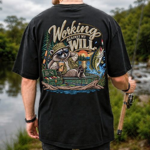 Working Against My Will Raccoon Bass Fishing T-Shirt | Back Print