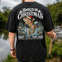 Hooked on Christmas Rainbow Trout Fishing Graphic T-Shirt | Back Print