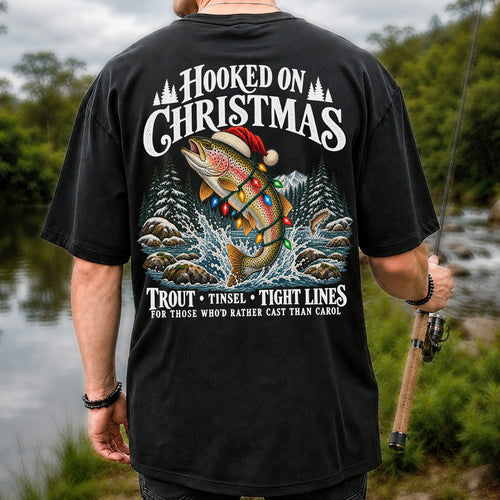 Hooked on Christmas Rainbow Trout Fishing Graphic T-Shirt | Back Print