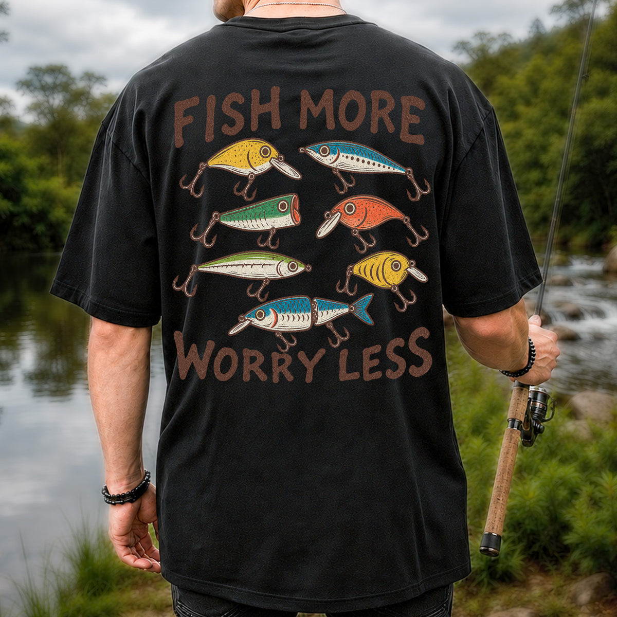 Colorful Fishing Lures and Hooks Graphic T-Shirt | Back Print