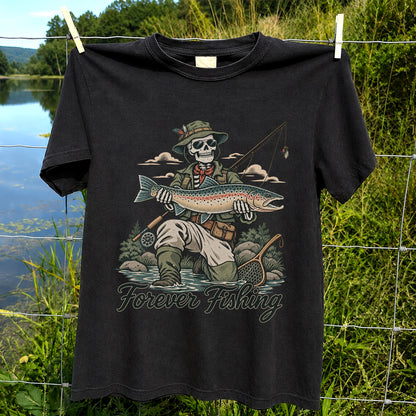 Forever Fishing Skeleton Angler Holding Rainbow Trout Graphic T-Shirt