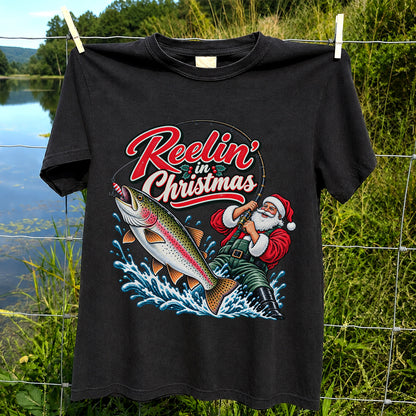 Reelin' in Christmas Santa Rainbow Trout Fishing T-Shirt