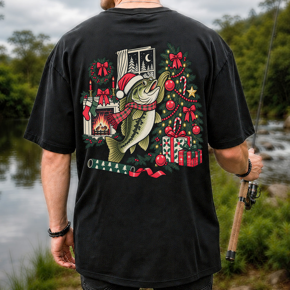 Christmas Bass Fishing Fireplace Tree Graphic T-Shirt | Back Print