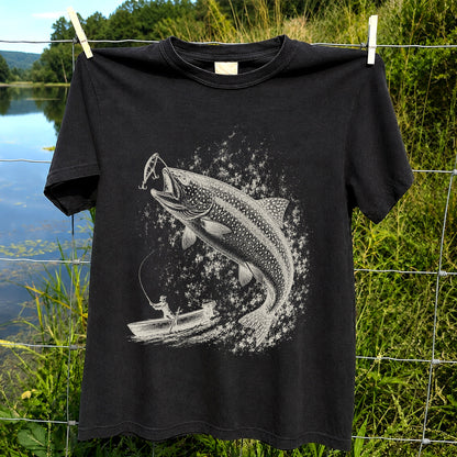 Leaping Trout Striking Lure from Fishing Boat Graphic T-Shirt