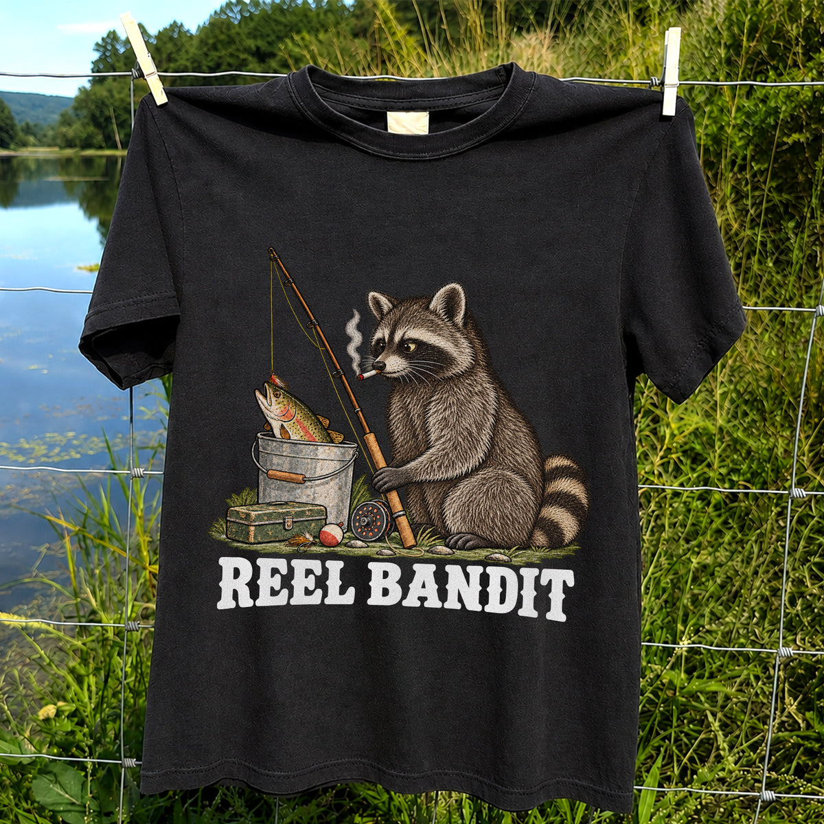 Reel Bandit Smoking Raccoon with Fishing Rod Funny T-Shirt