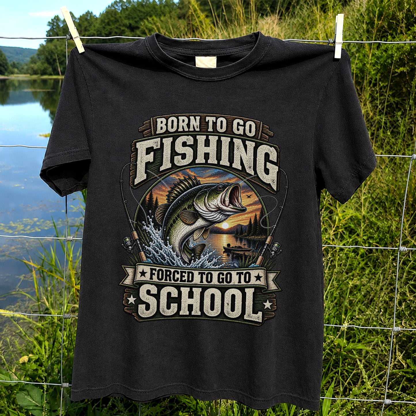 Born to Go Fishing Forced to Go to School Bass Fishing T-Shirt