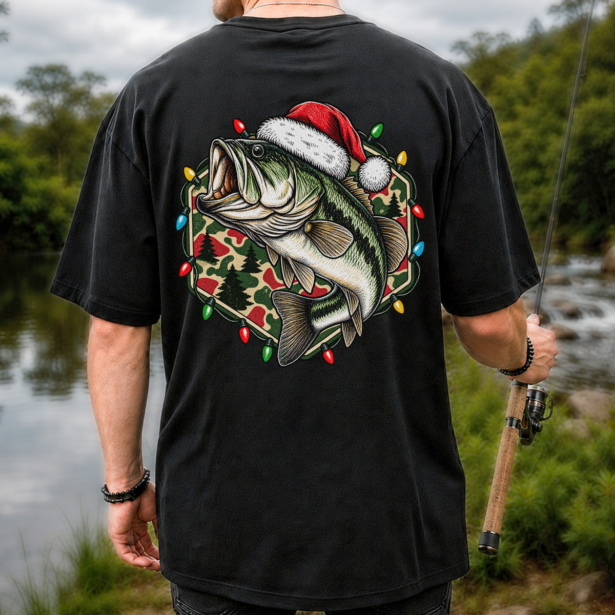 Santa Hat Largemouth Bass Christmas Fishing Graphic T-Shirt | Back Print