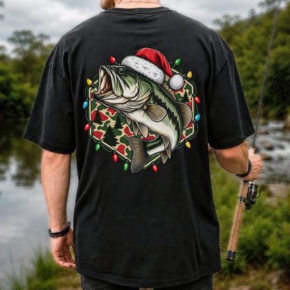 Santa Hat Largemouth Bass Christmas Fishing Graphic T-Shirt | Back Print