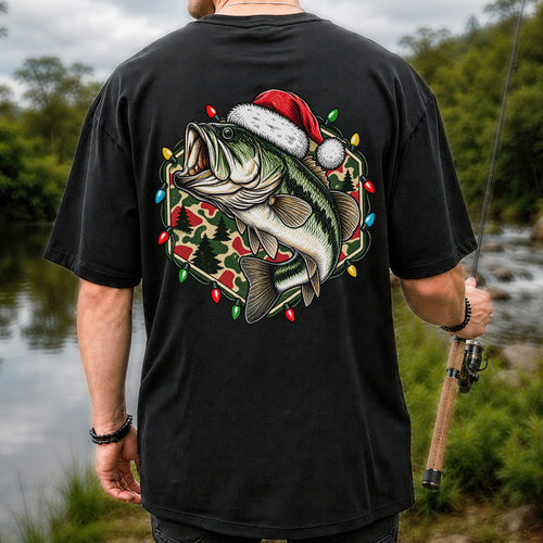 Santa Hat Largemouth Bass Christmas Fishing Graphic T-Shirt | Back Print