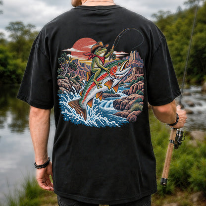 Cowboy Frog Riding a Rainbow Trout Canyon Fishing Graphic T-Shirt | Back Print