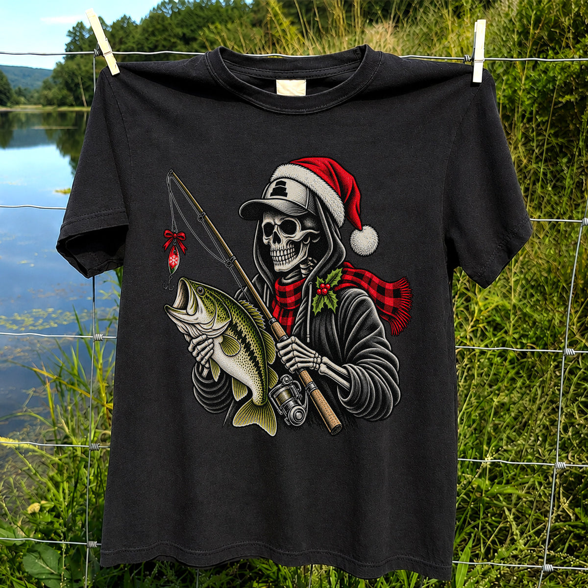 Christmas Skeleton Angler with Santa Hat and Bass Fishing T-Shirt