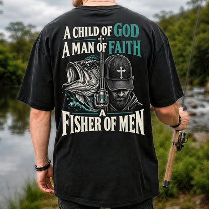 A Child of God A Man of Faith A Fisher of Men Bass Fishing T-Shirt | Back Print