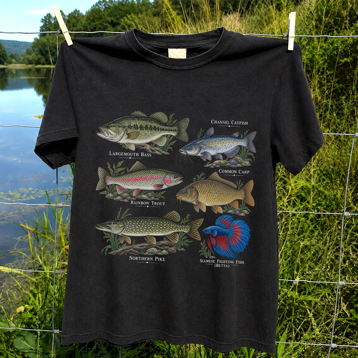 Bass Trout Catfish Carp Pike and Betta Freshwater Fish Graphic T-Shirt