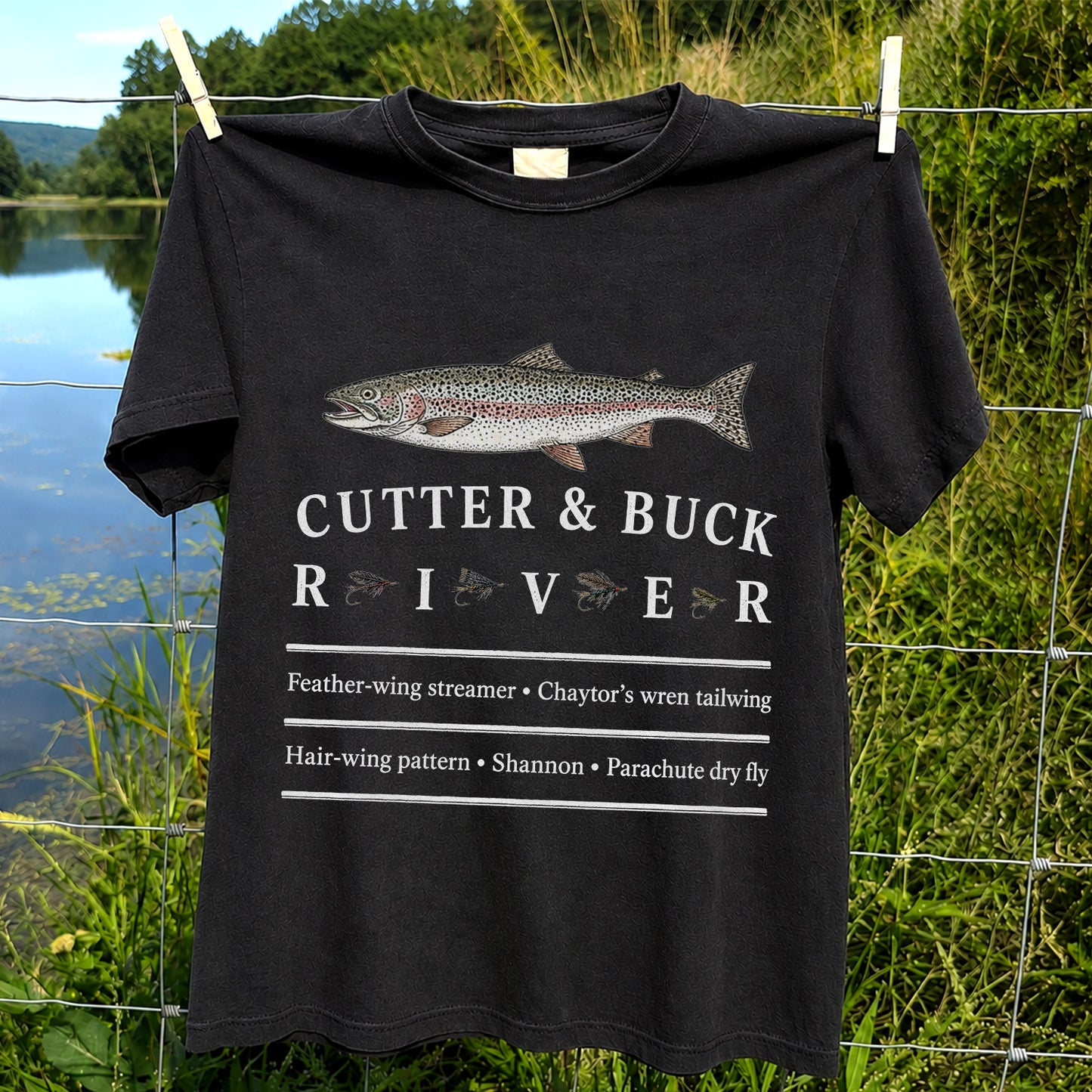 River Rainbow Trout and Classic Fly Patterns Fishing T-Shirt