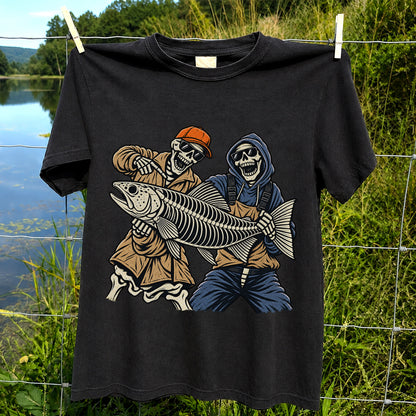 Skeleton Anglers Holding a Giant Fish Graphic T-Shirt