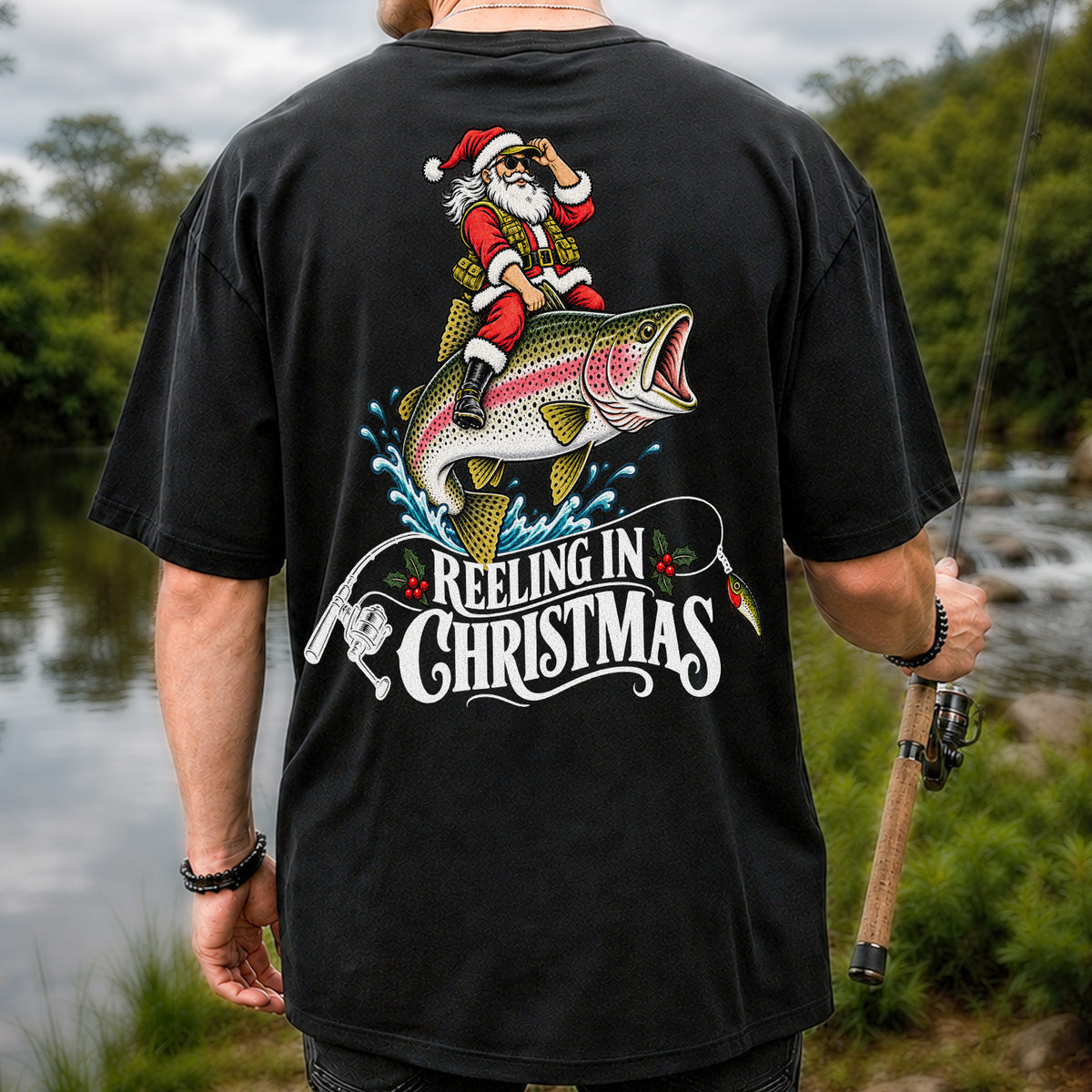 Reeling in Christmas Santa Rainbow Trout Fishing T-Shirt | Back Print