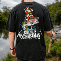 Reeling in Christmas Santa Rainbow Trout Fishing T-Shirt | Back Print