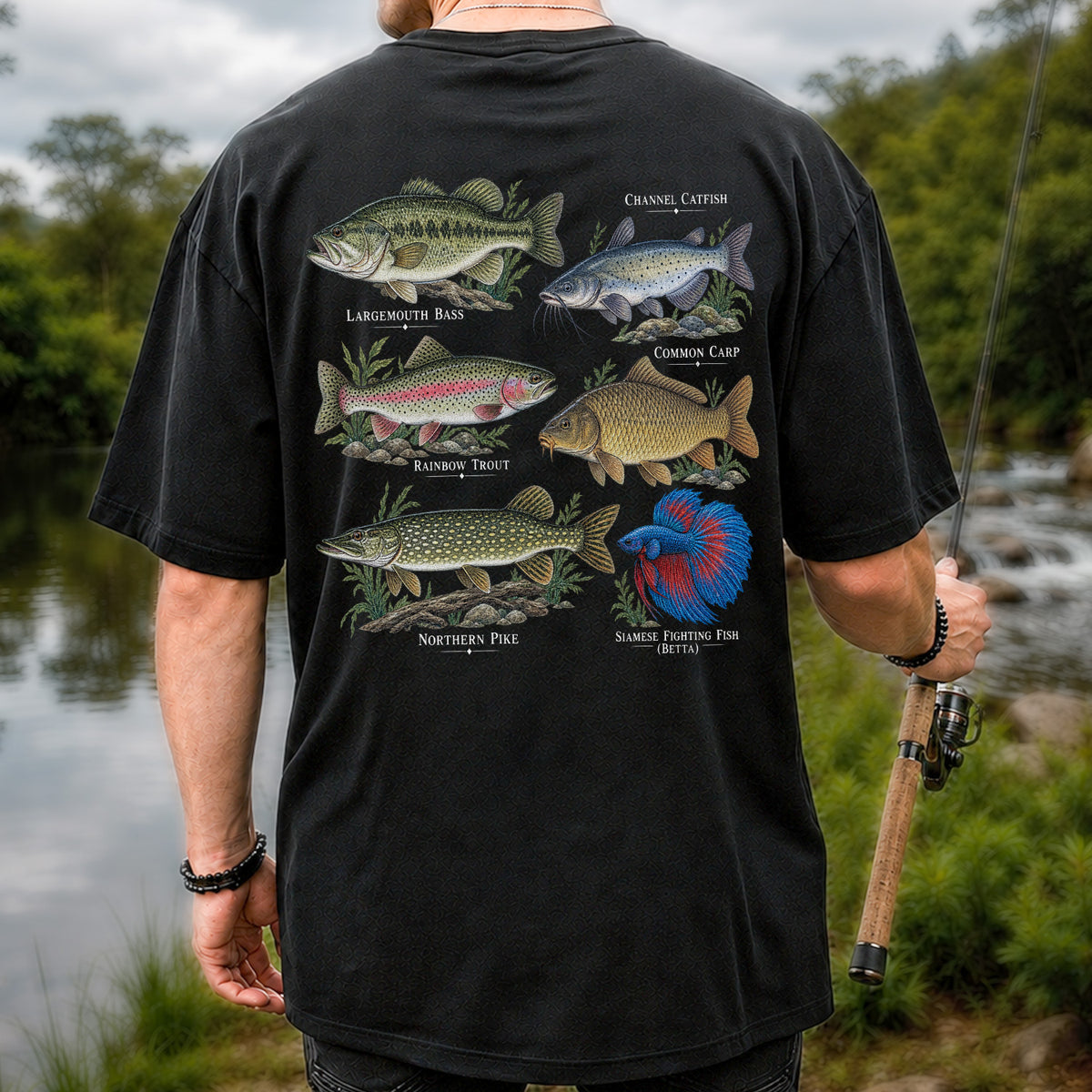 Bass Trout Catfish Carp Pike and Betta Freshwater Fish Graphic T-Shirt | Back Print