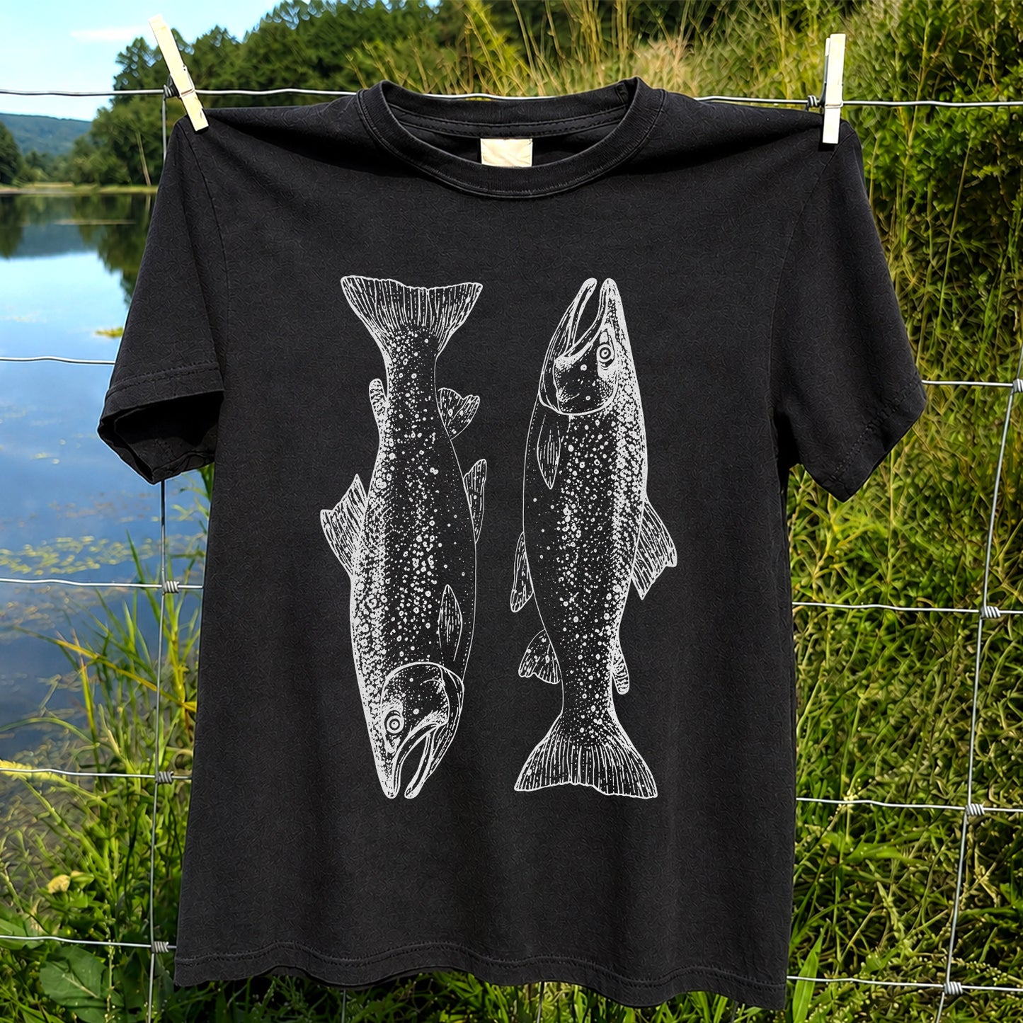 Two Salmon Vintage Line Art Fishing Graphic T-Shirt