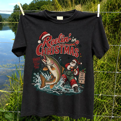 Reelin' in Christmas Santa and Rainbow Trout Fishing T-Shirt