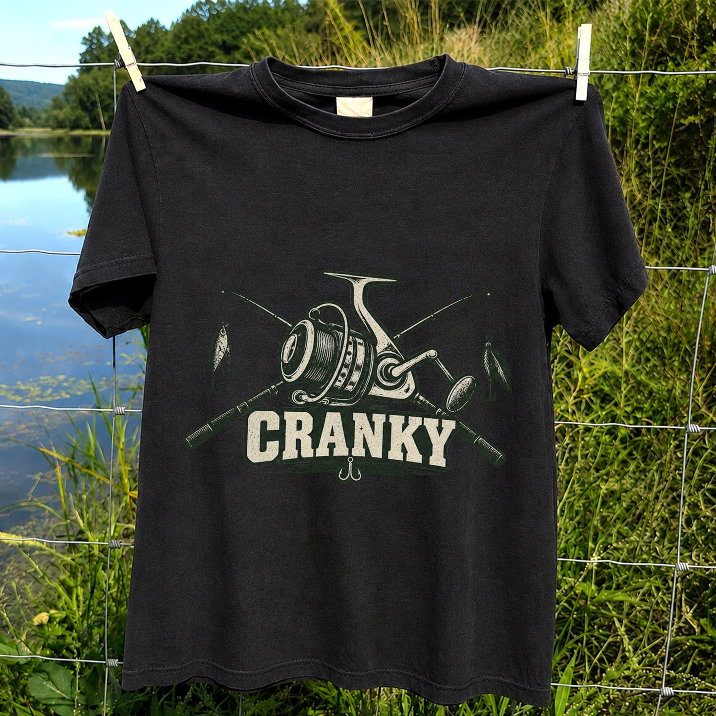 Cranky Fishing Reel and Crossed Rods Graphic T-Shirt