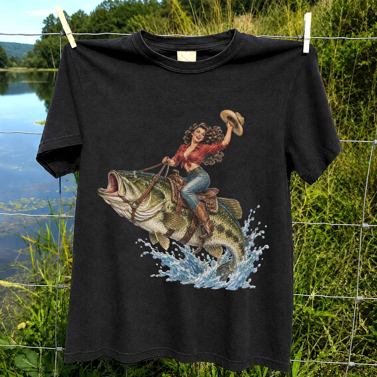 Vintage Cowgirl Riding a Largemouth Bass Fishing Graphic T-Shirt