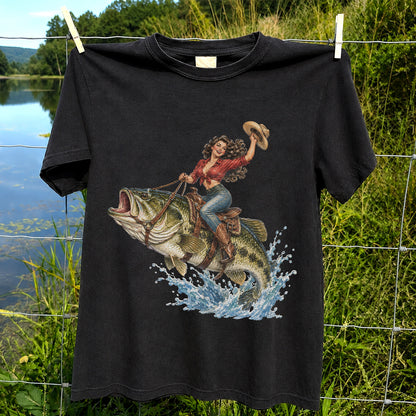 Vintage Cowgirl Riding a Largemouth Bass Fishing Graphic T-Shirt