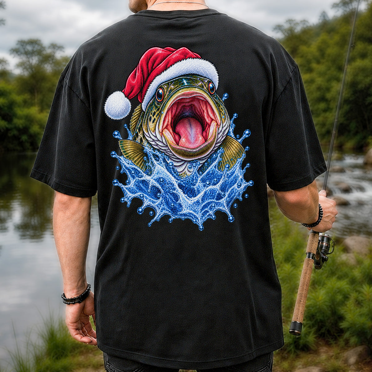Santa Hat Bass Splash Fishing Graphic T-Shirt | Back Print