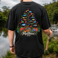 Personalized Christmas Fishing Lure Tree Name Graphic T-Shirt | Back Print