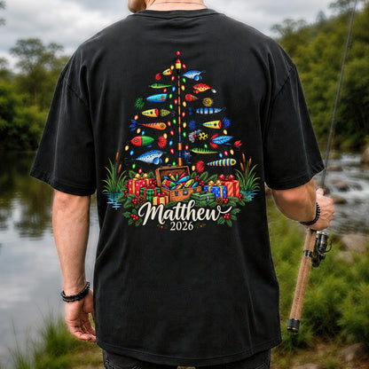 Personalized Christmas Fishing Lure Tree Name Graphic T-Shirt | Back Print