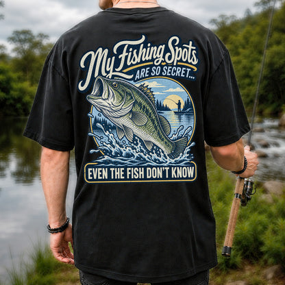 Secret Fishing Spots Largemouth Bass Graphic T-Shirt | Back Print