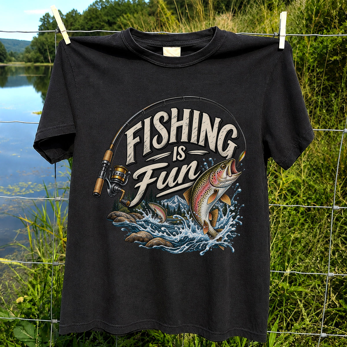 Fishing Is Fun Rainbow Trout and Mountain Graphic T-Shirt