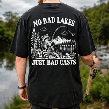 No Bad Lakes Just Bad Casts Raccoon Fishing T-Shirt | Back Print