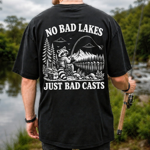 No Bad Lakes Just Bad Casts Raccoon Fishing T-Shirt | Back Print