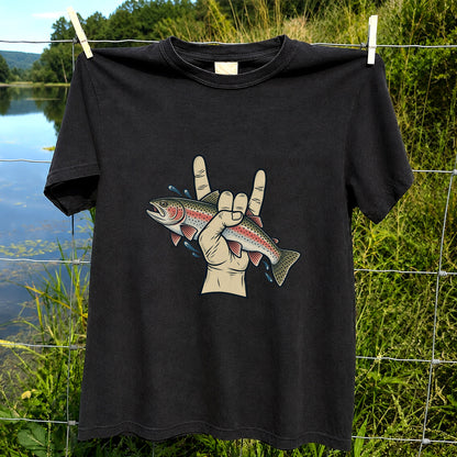 Rainbow Trout Rock On Hand Gesture Fishing Graphic T-Shirt