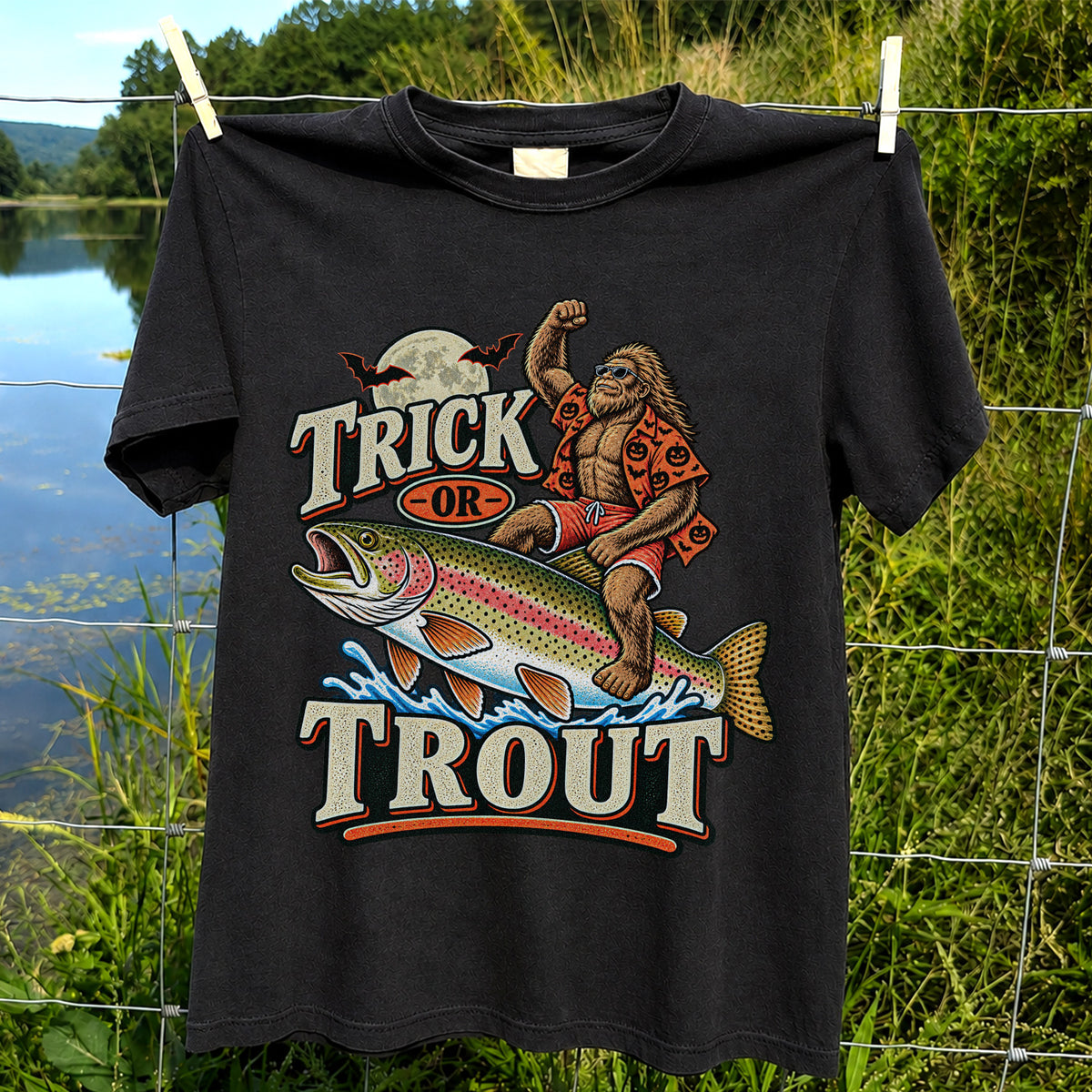 Trick or Trout Bigfoot Riding a Rainbow Trout Halloween Fishing T-Shirt