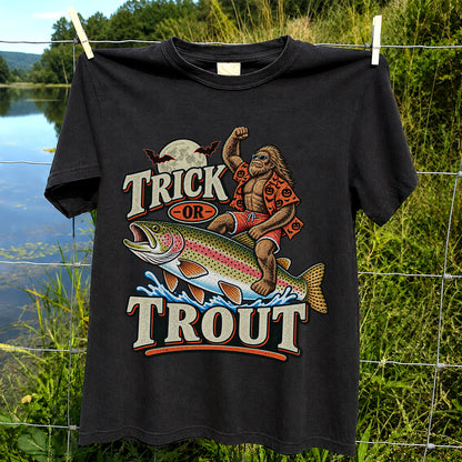 Trick or Trout Bigfoot Riding a Rainbow Trout Halloween Fishing T-Shirt