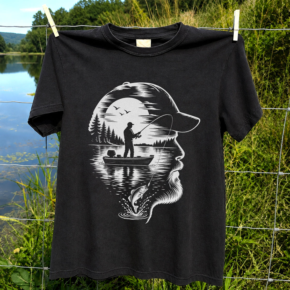 Bearded Angler Silhouette with Lake Fishing Scene Graphic T-Shirt