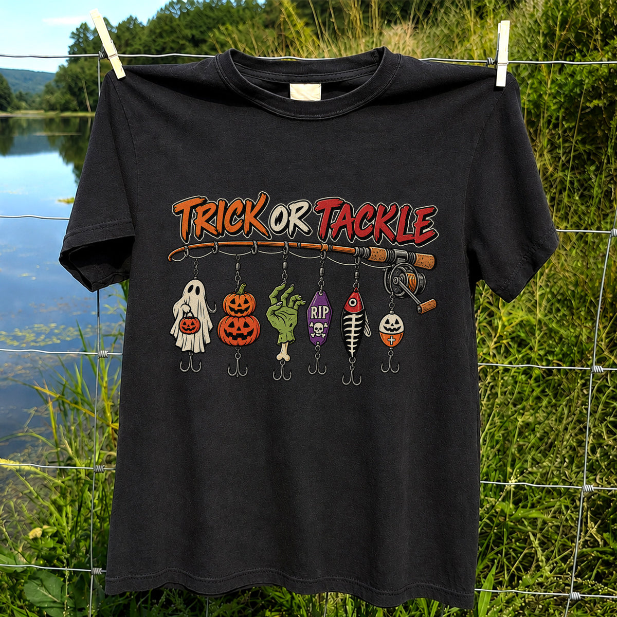 Trick or Tackle Halloween Ghost and Pumpkin Fishing Lures T-Shirt