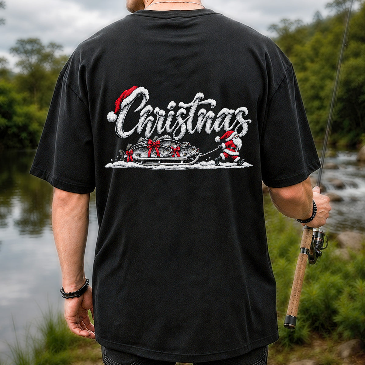 Christmas Santa Pulling Trout Fishing Sled Graphic T-Shirt | Back Print