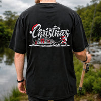 Christmas Santa Pulling Trout Fishing Sled Graphic T-Shirt | Back Print