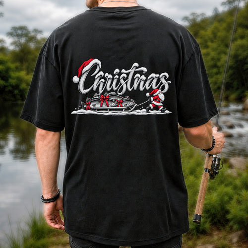 Christmas Santa Pulling Trout Fishing Sled Graphic T-Shirt | Back Print