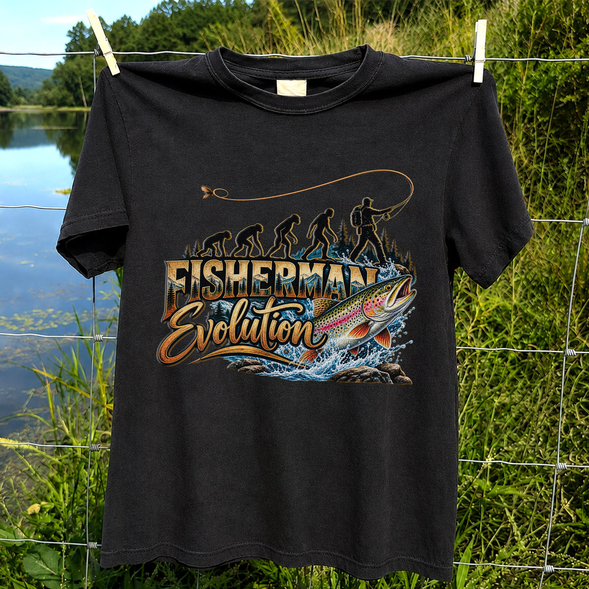 Fisherman Evolution Rainbow Trout Fly Fishing Graphic T-Shirt