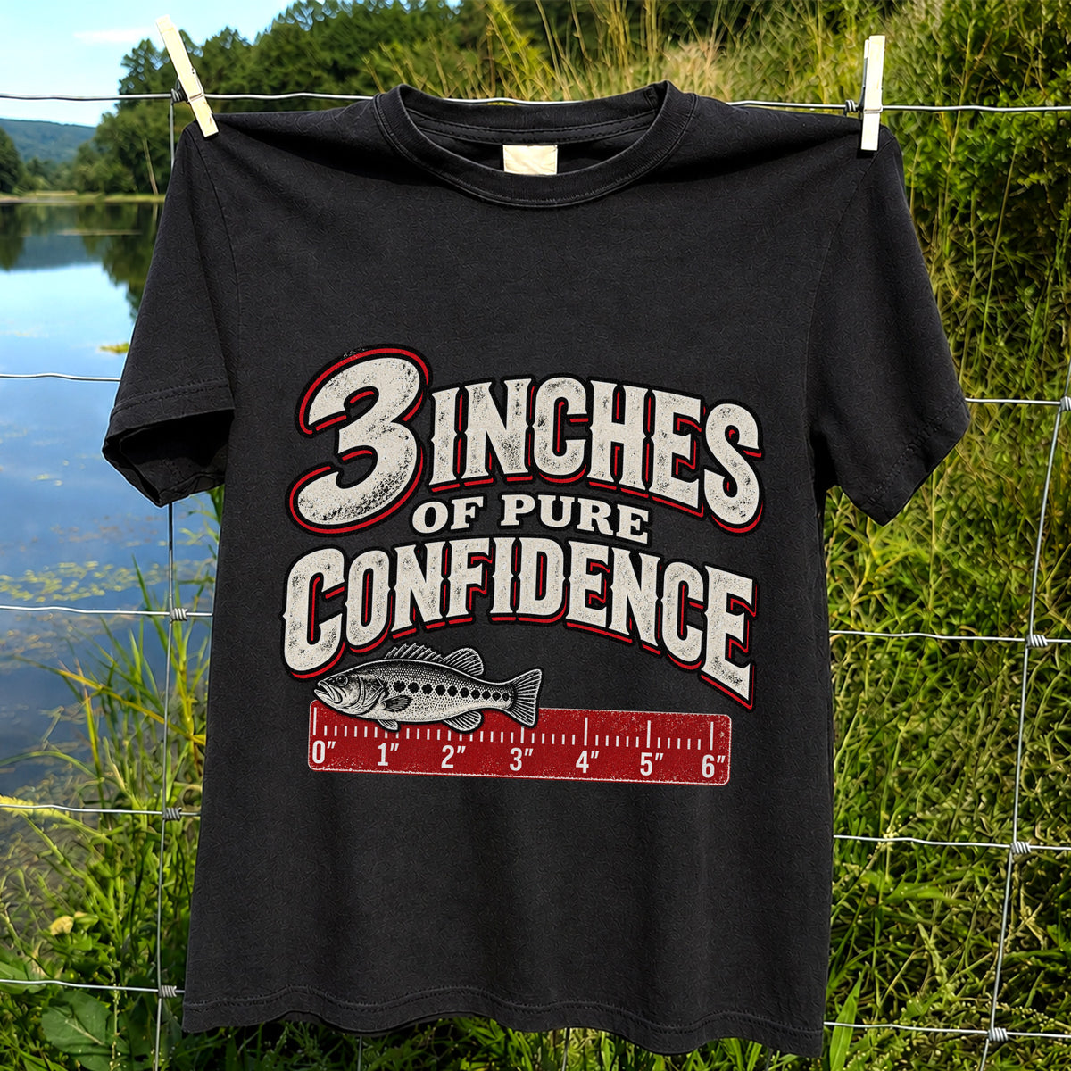 3 Inches of Pure Confidence Bass and Ruler Funny Fishing T-Shirt