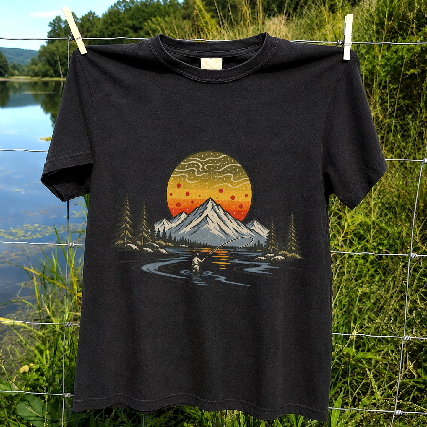 Mountain Sunset Fly Fishing Angler Graphic T-Shirt